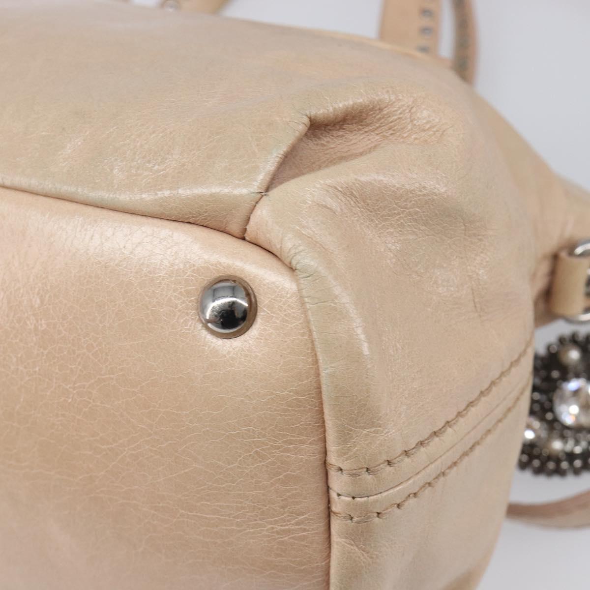 Miu Miu Vitellolux Hand Bag Leather 2way Beige Silver Auth 197230V
