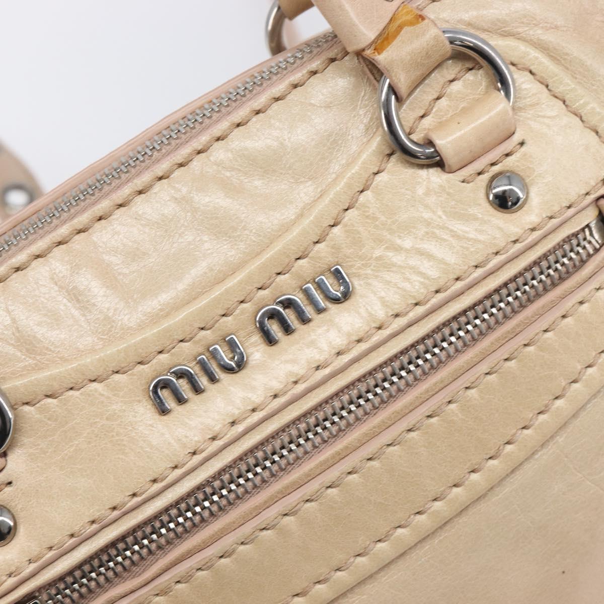 Miu Miu Vitellolux Hand Bag Leather 2way Beige Silver Auth 197230V