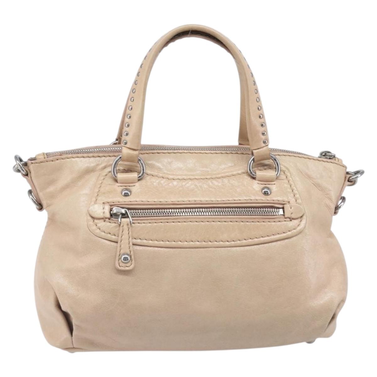 Miu Miu Vitellolux Hand Bag Leather 2way Beige Silver Auth 197230V