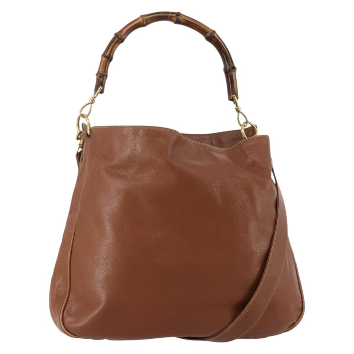 GUCCI Bamboo Shoulder Bag Leather 2way Brown Gold Auth 197250