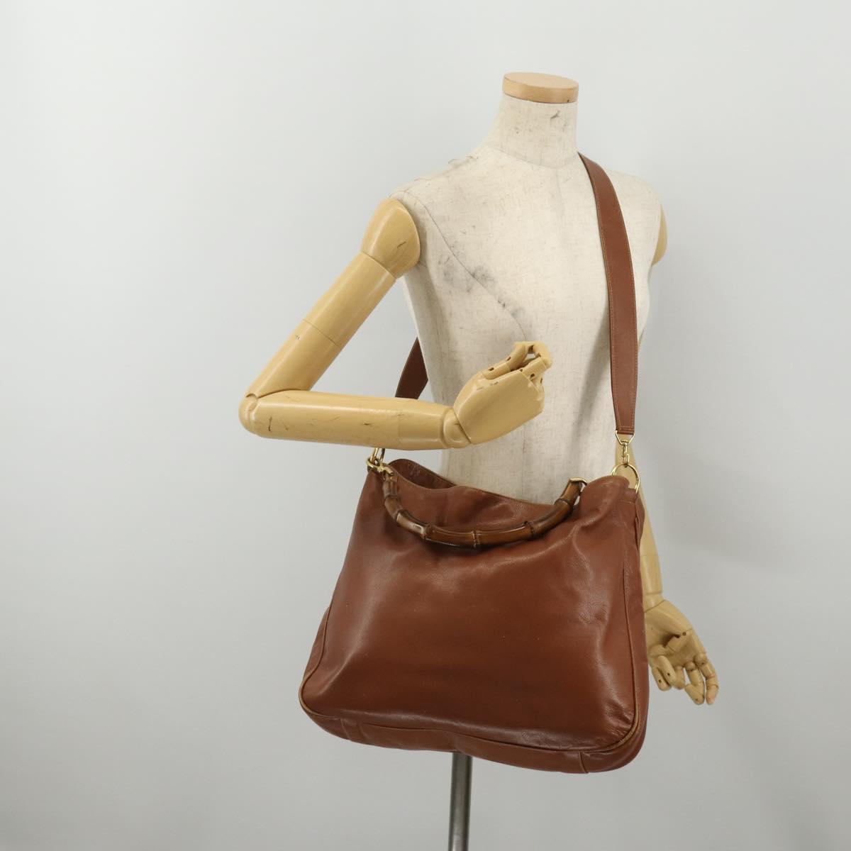 GUCCI Bamboo Shoulder Bag Leather 2way Brown Gold Auth 197250