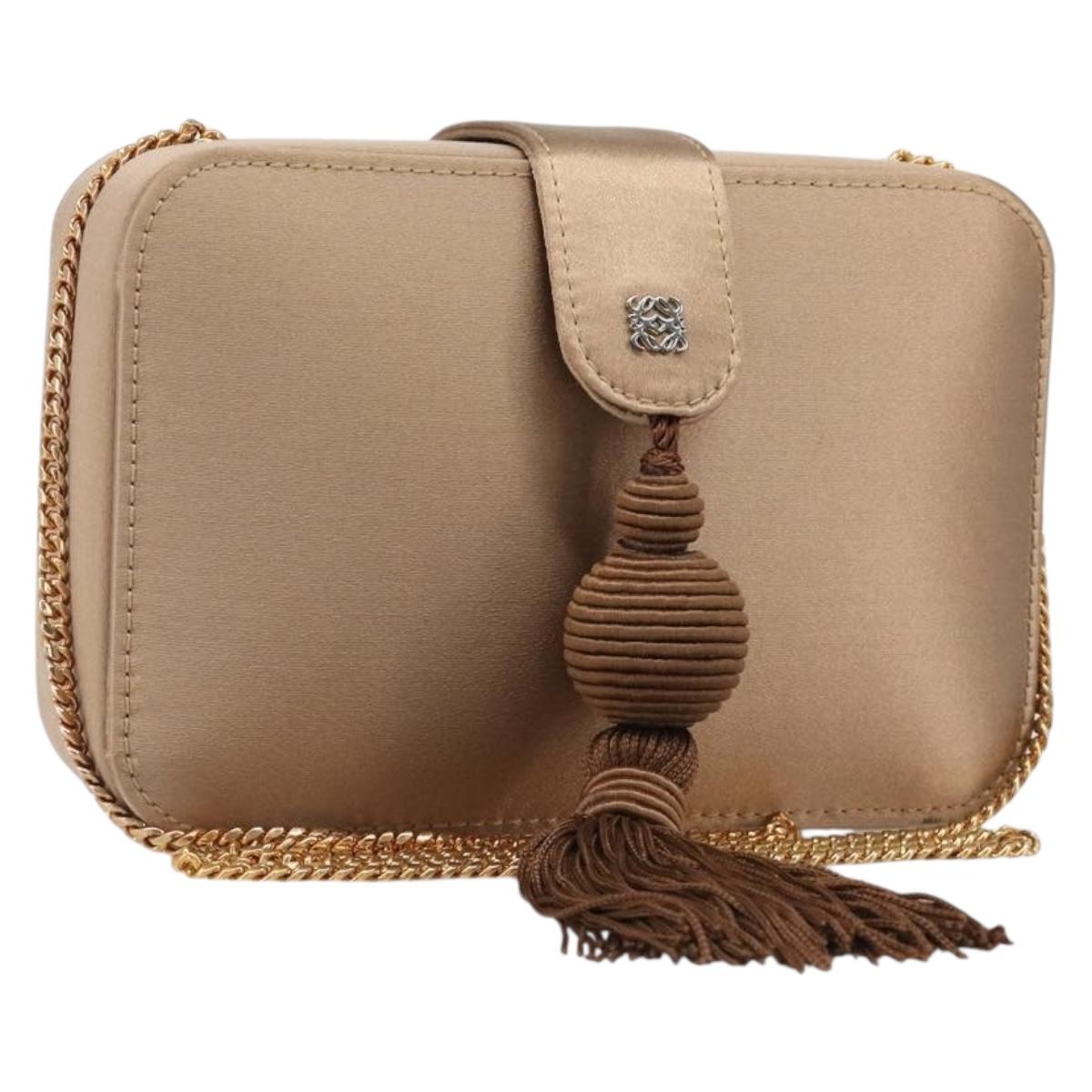 LOEWE Chain Shoulder Bag Satin Beige Gold Auth 197254