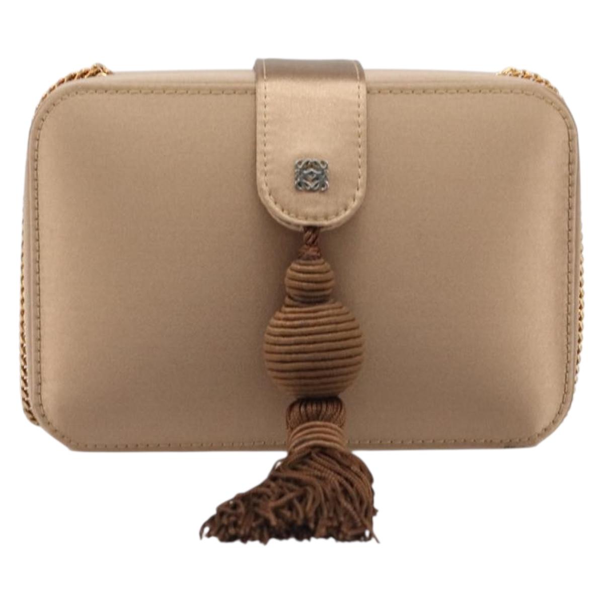 LOEWE Chain Shoulder Bag Satin Beige Gold Auth 197254