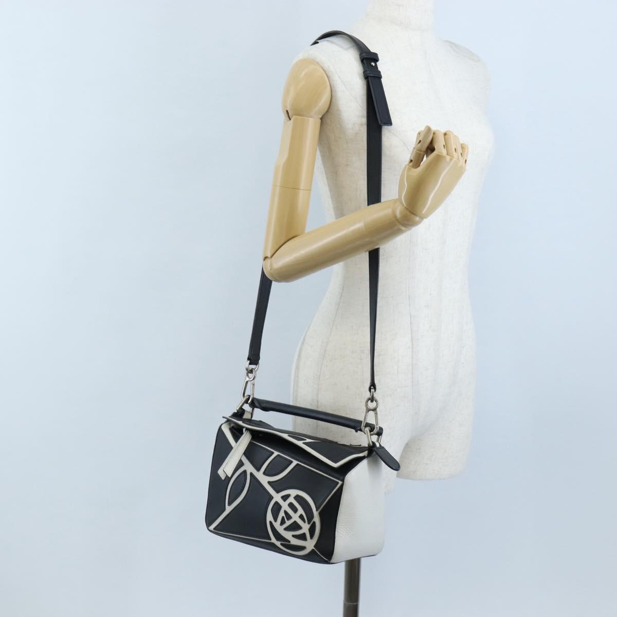 LOEWE Anagram Rose Puzzle Bag Small Bag Leather 2way Black Silver Auth 197266SAM