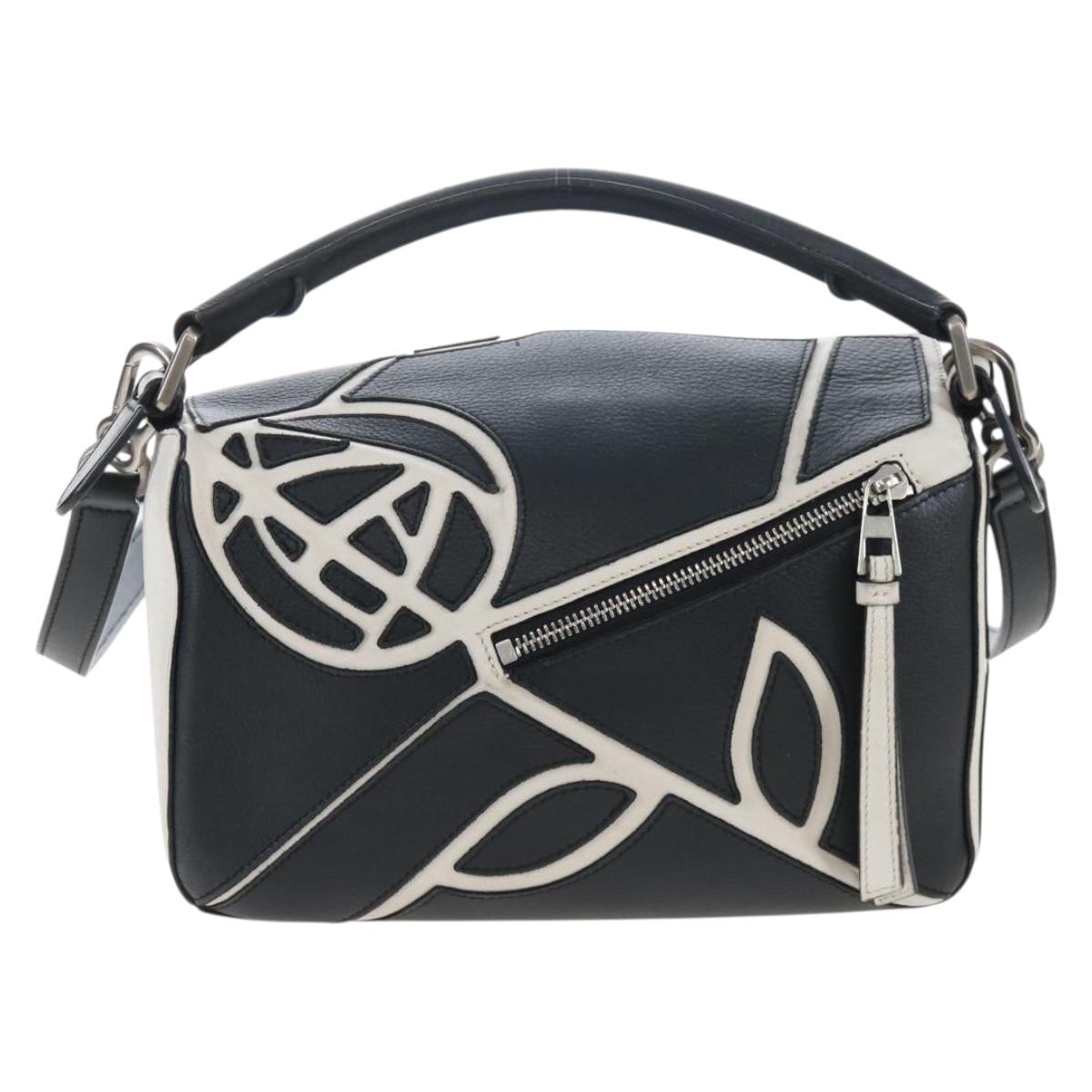 LOEWE Anagram Rose Puzzle Bag Small Bag Leather 2way Black Silver Auth 197266SAM
