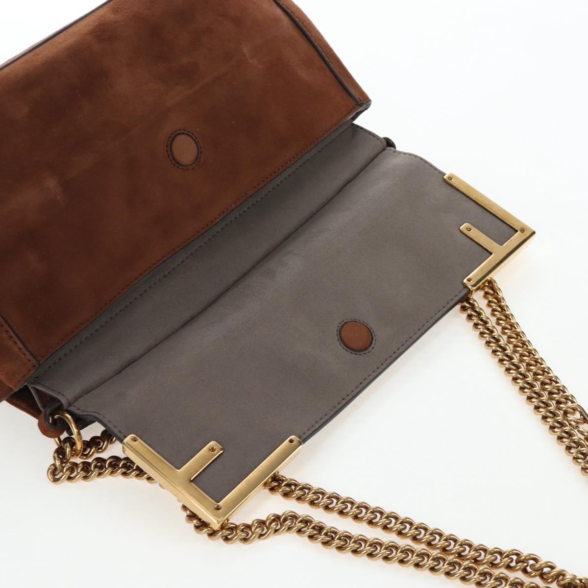 FENDI Chain Shoulder Bag Suede 2way Brown Gold Auth 197273SAV