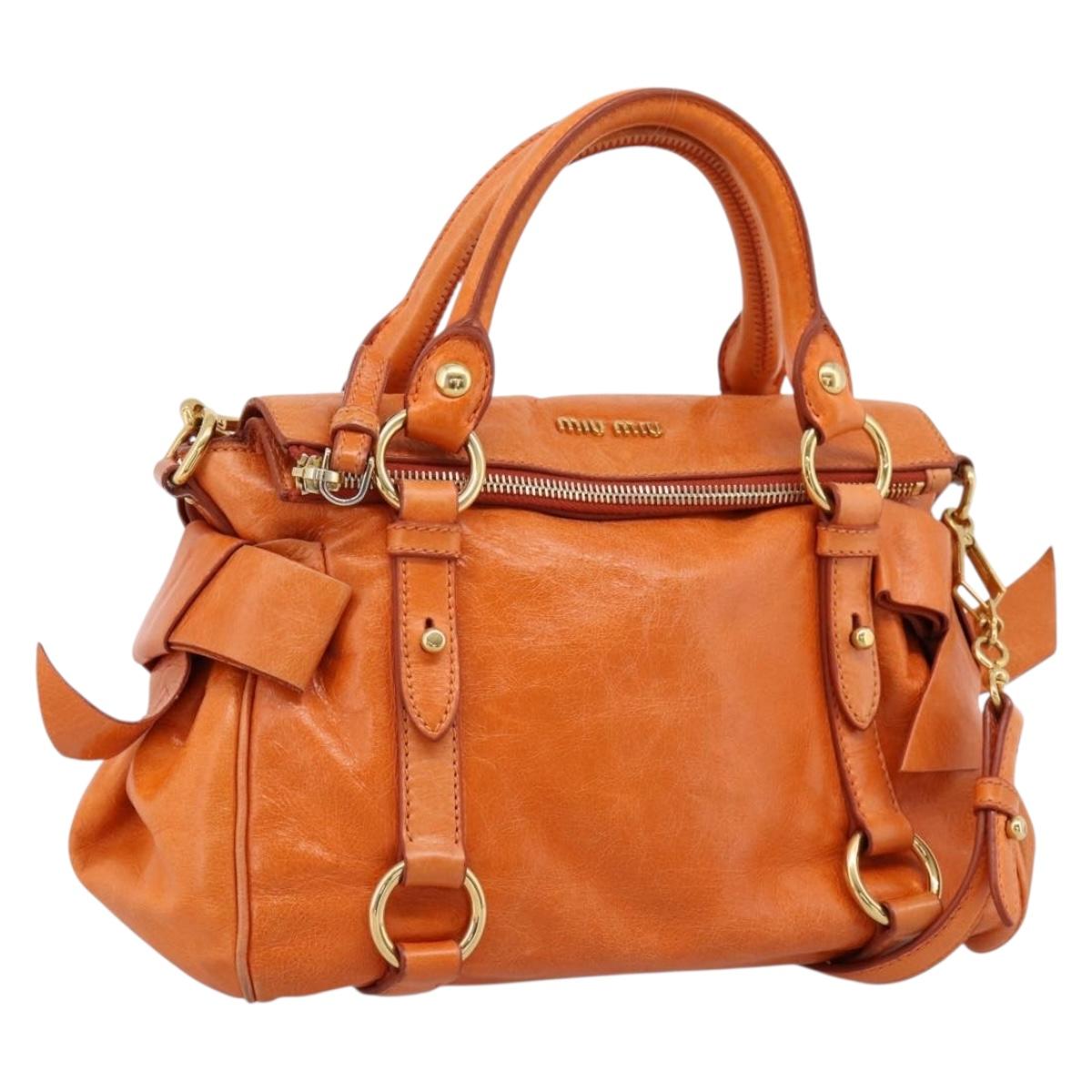 Miu Miu Hand Bag Vitellolux 2way Orange Gold Auth 197281M
