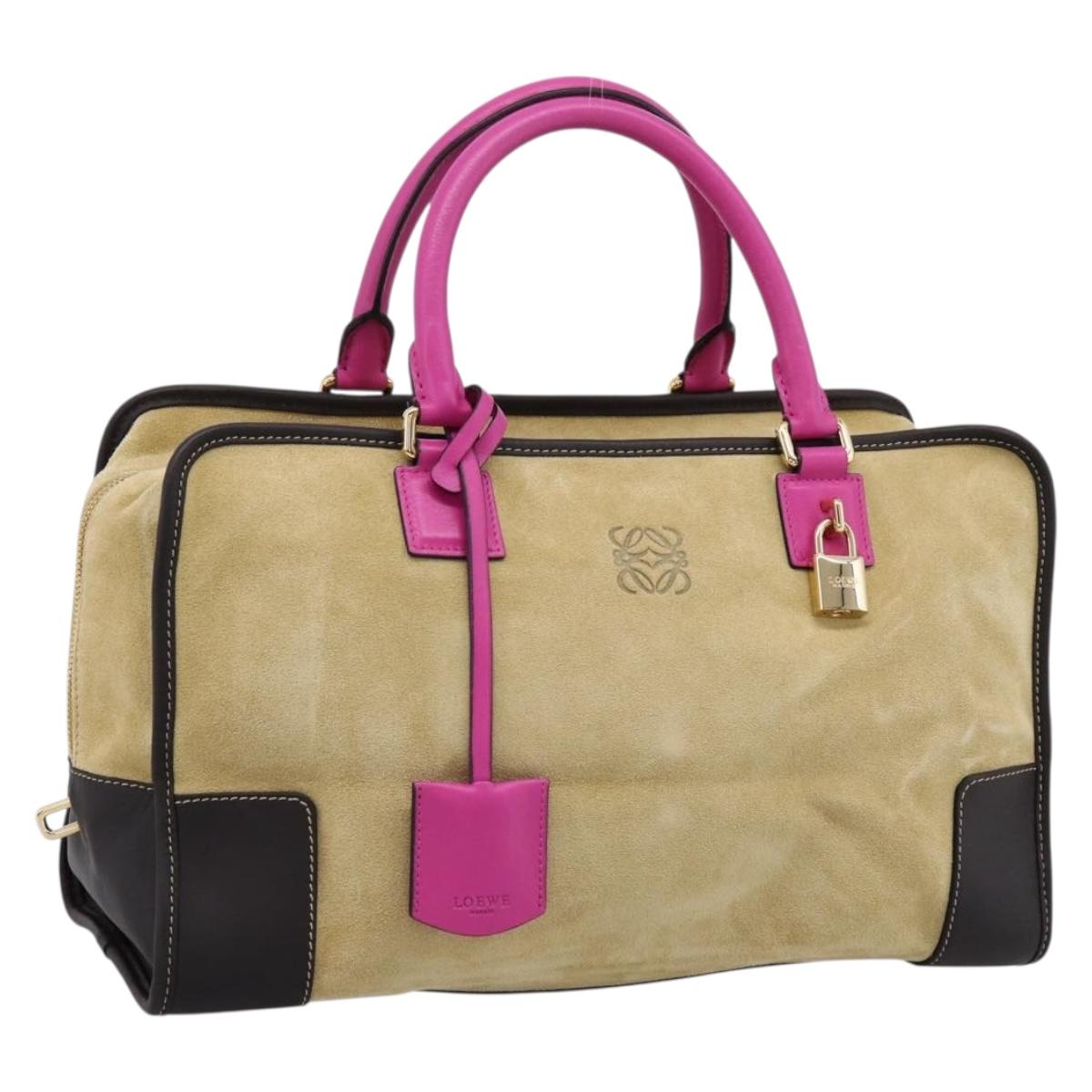 LOEWE Anagram Amazona 36 Hand Bag Suede Leather Beige Gold Auth 197287V