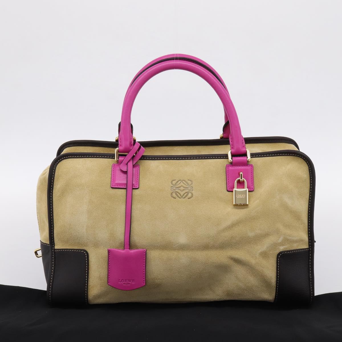 LOEWE Anagram Amazona 36 Hand Bag Suede Leather Beige Gold Auth 197287V
