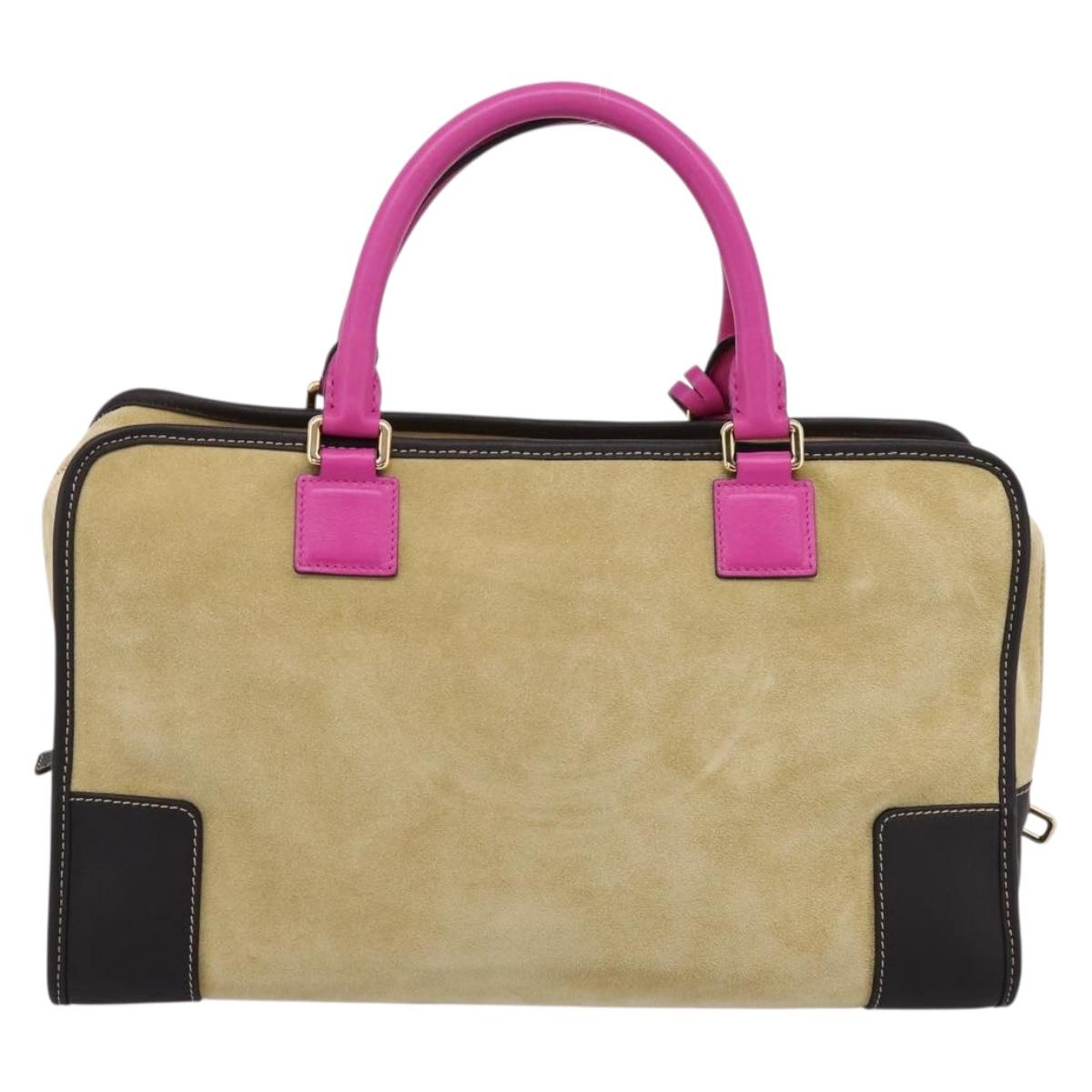 LOEWE Anagram Amazona 36 Hand Bag Suede Leather Beige Gold Auth 197287V