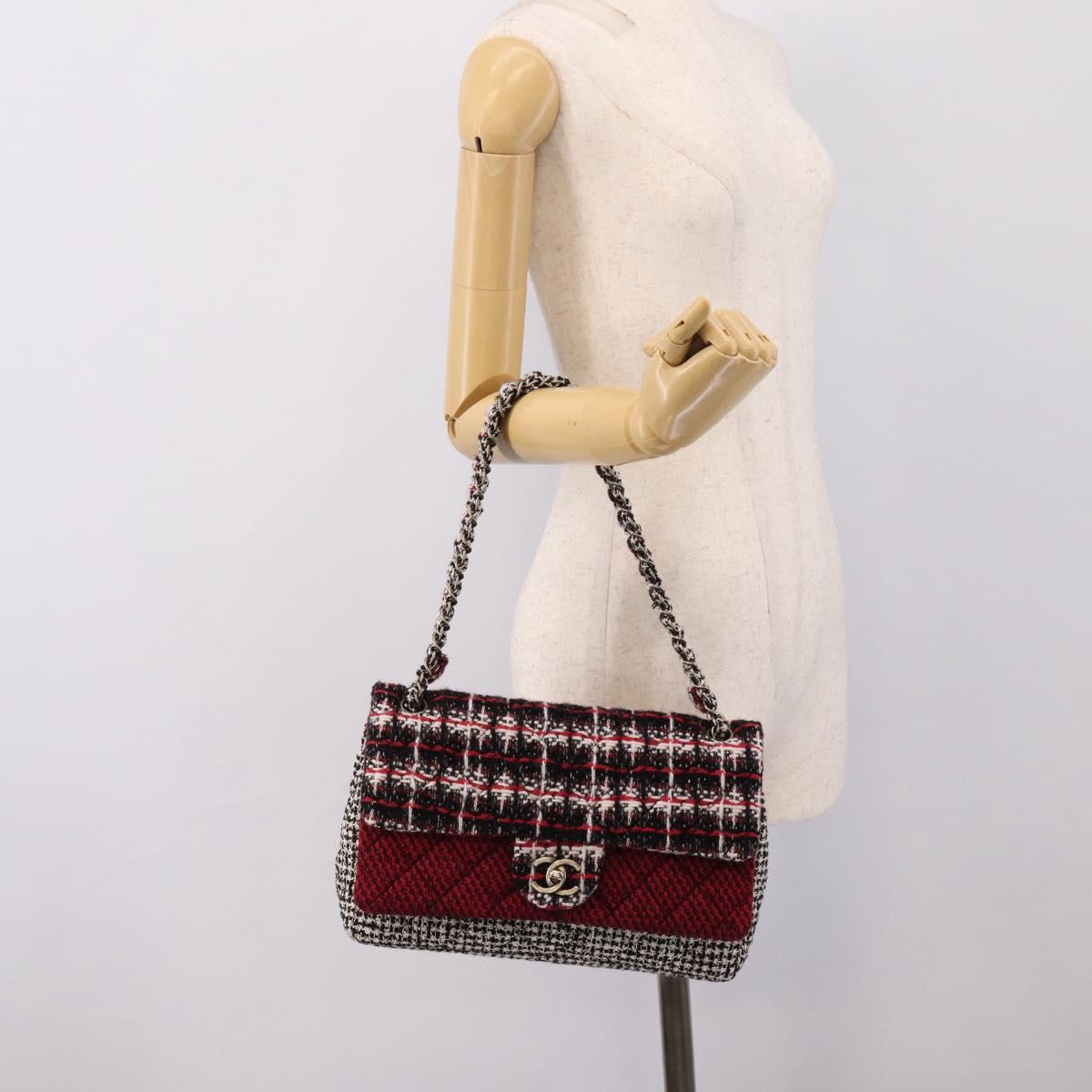 CHANEL Chain Shoulder Bag Tweed Red CC Auth 197303SAM