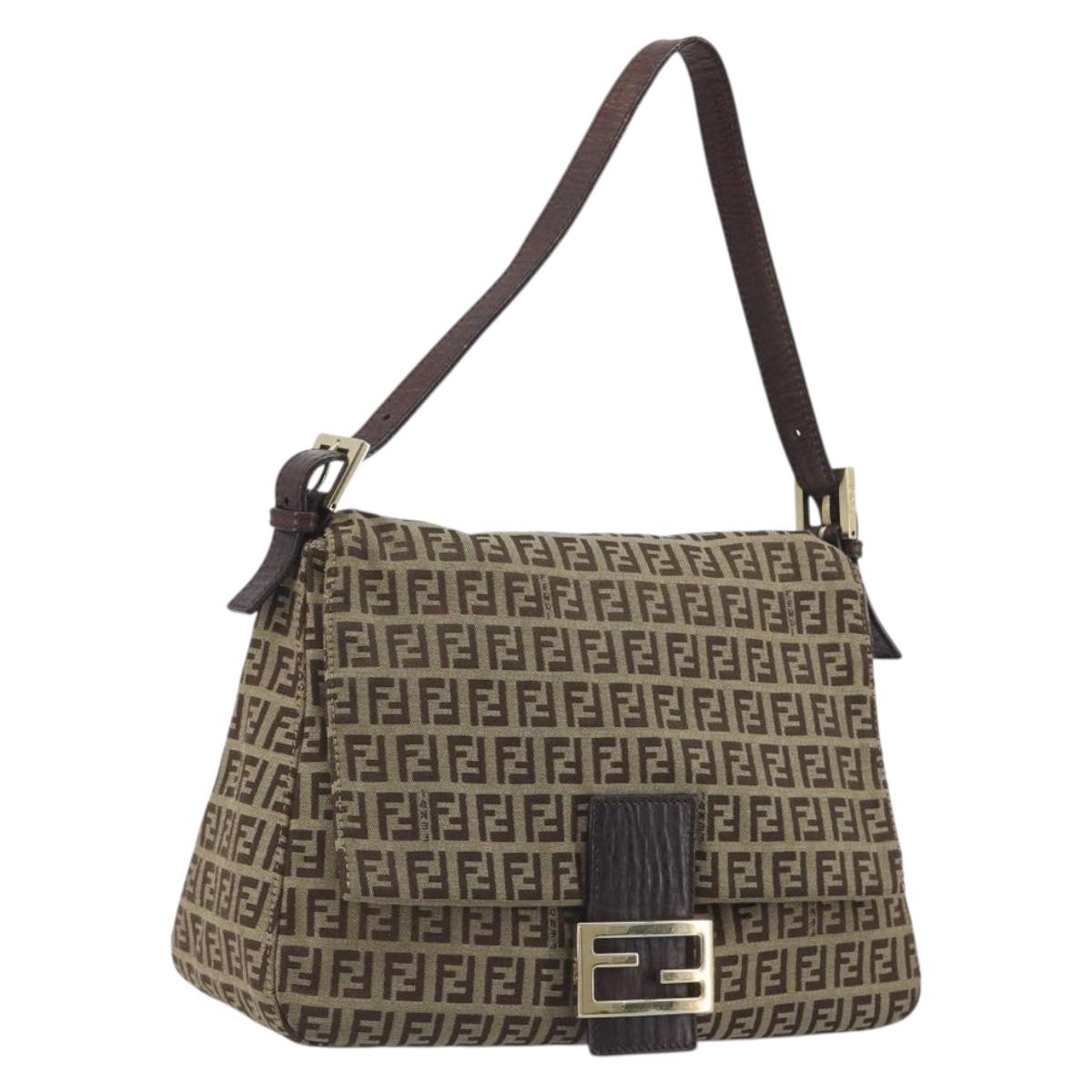 FENDI Zucchino Canvas Mamma Baguette Shoulder Bag Beige Gold Auth 197308V
