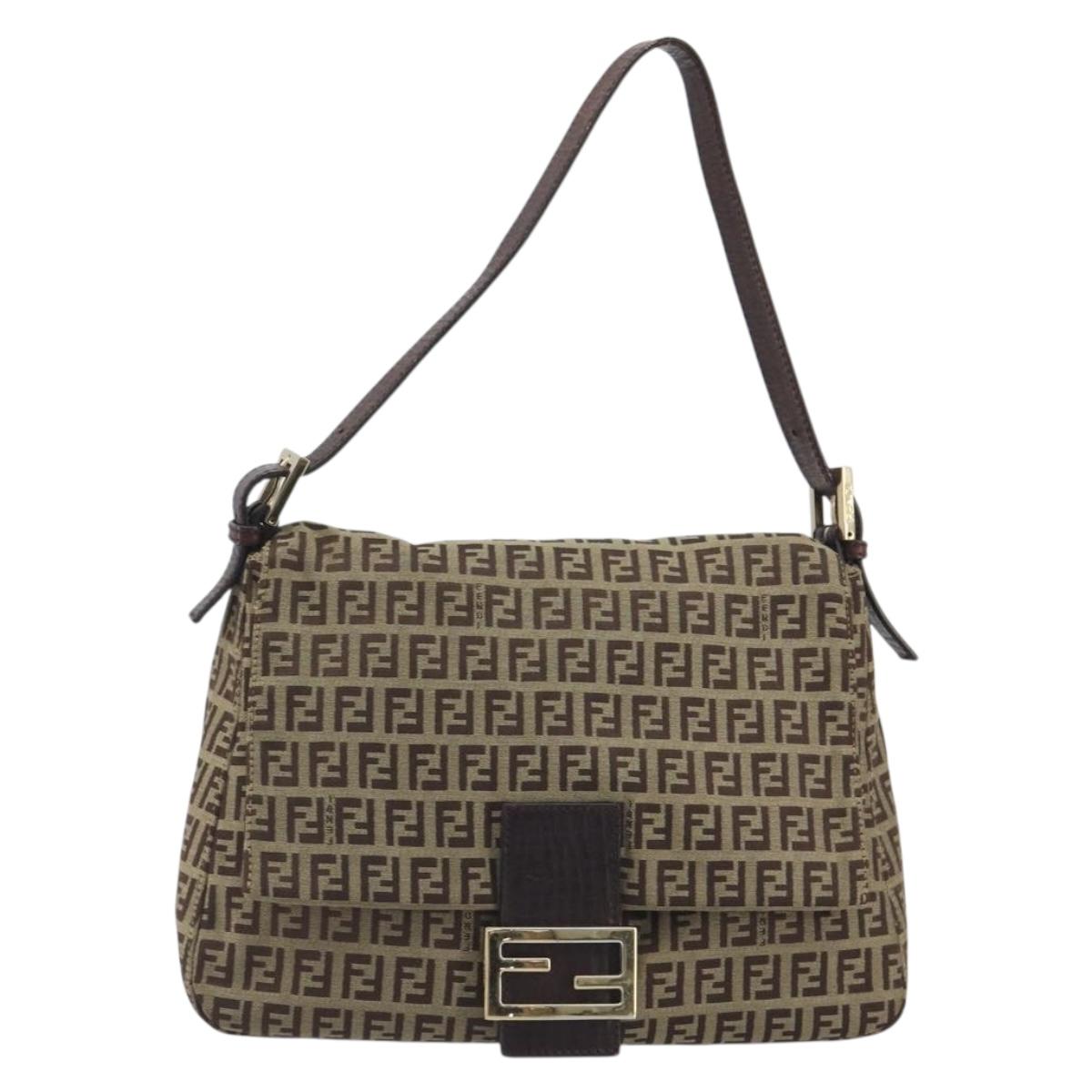 FENDI Zucchino Canvas Mamma Baguette Shoulder Bag Beige Gold Auth 197308V