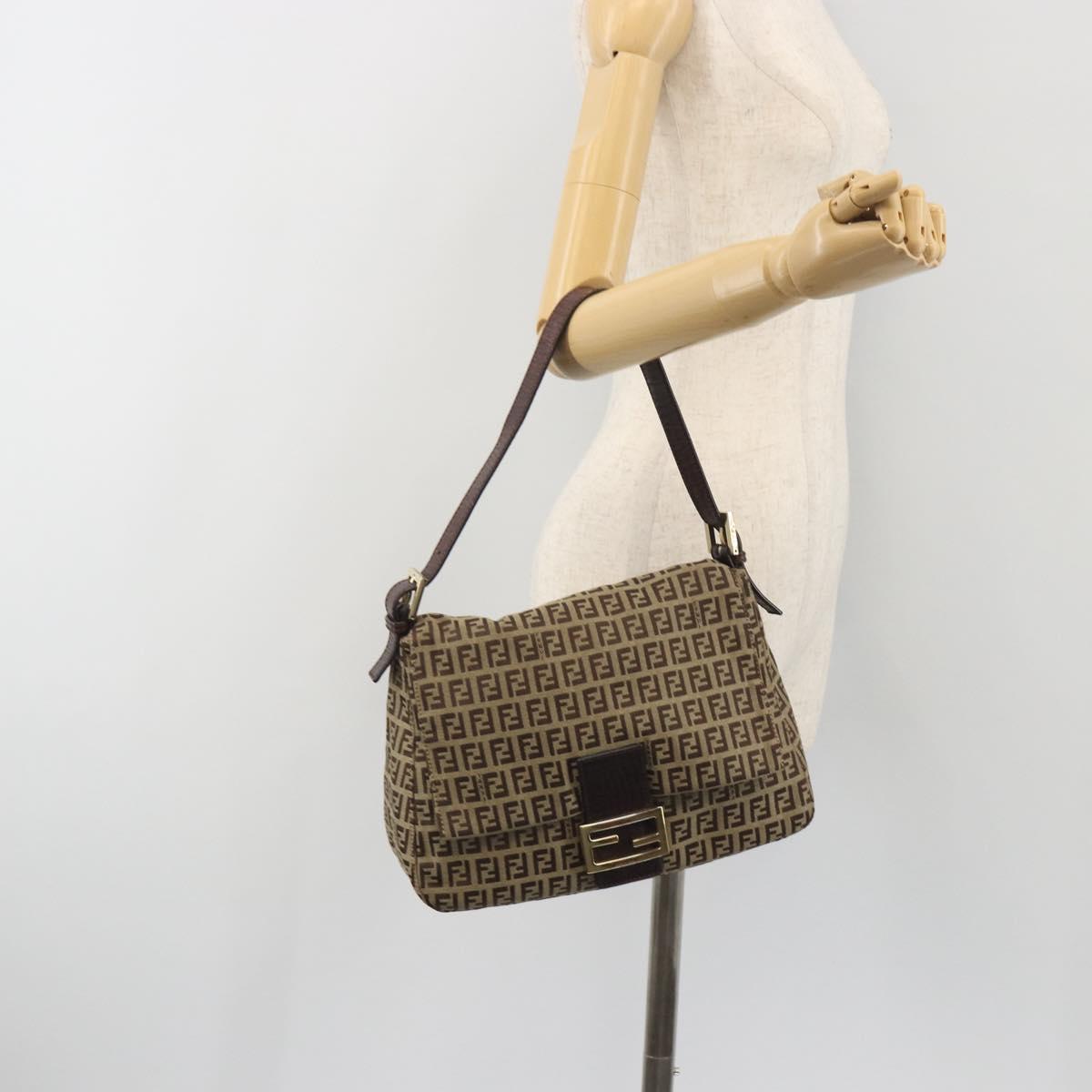 FENDI Zucchino Canvas Mamma Baguette Shoulder Bag Beige Gold Auth 197308V