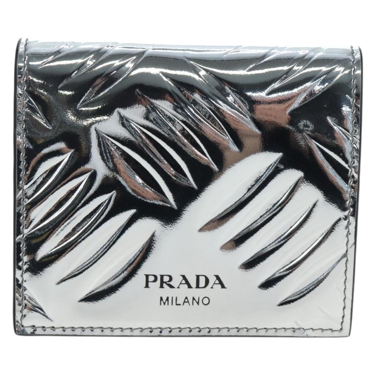 PRADA Bifold Wallet Brushed leather Silver Auth 197314M