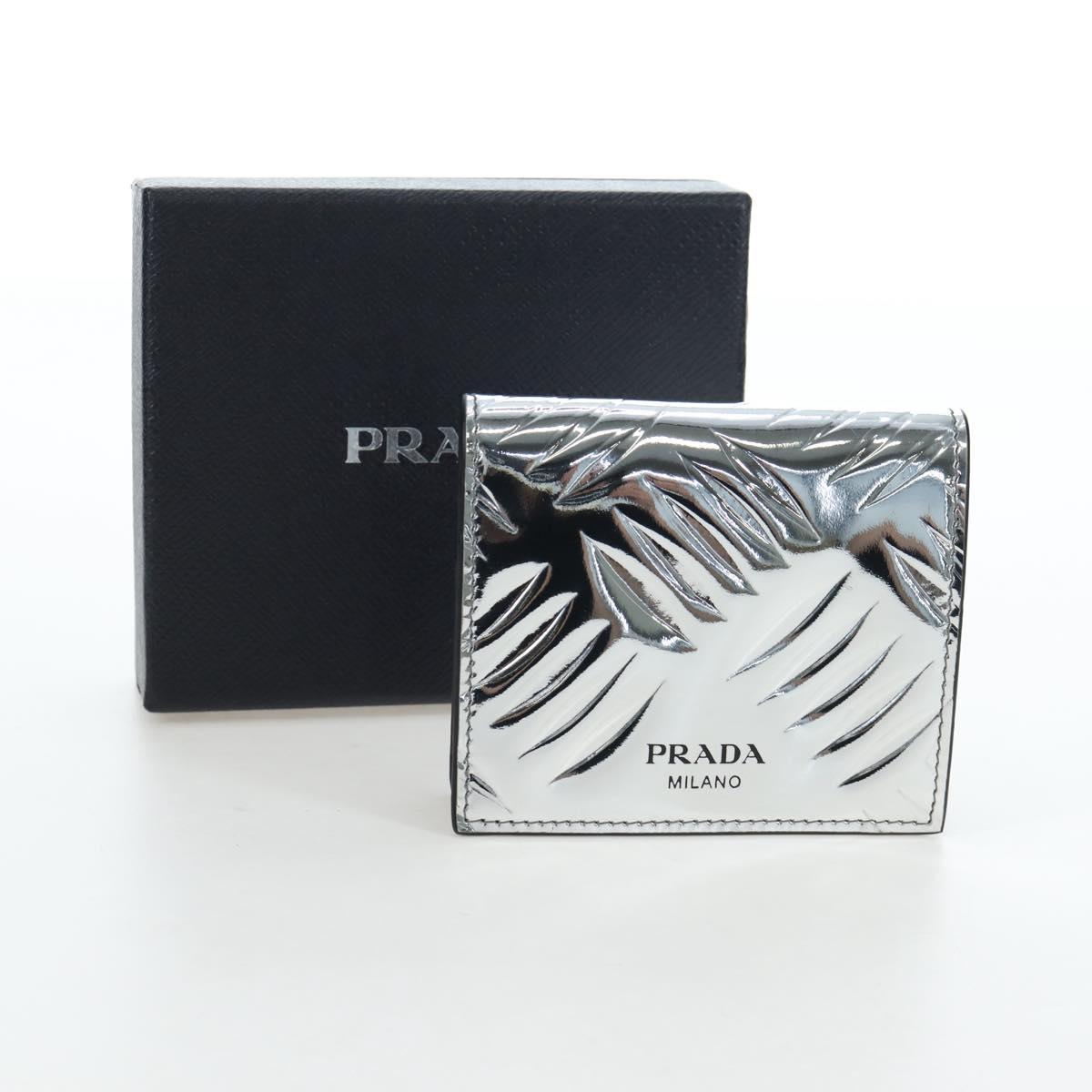 PRADA Bifold Wallet Brushed leather Silver Auth 197314M