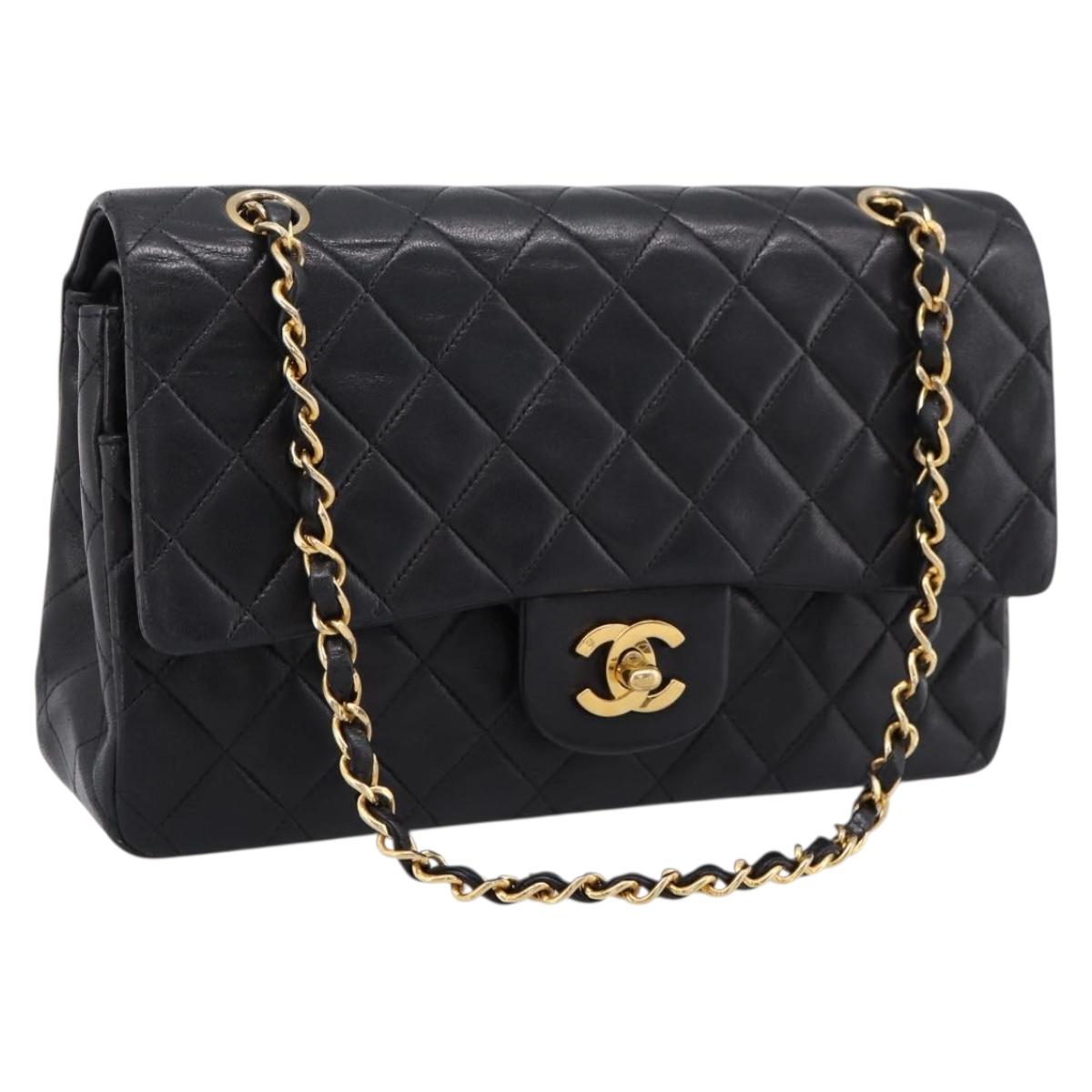 CHANEL Matelasse 25 Chain Shoulder Bag Lamb Skin Black Gold CC Auth 197319SAM