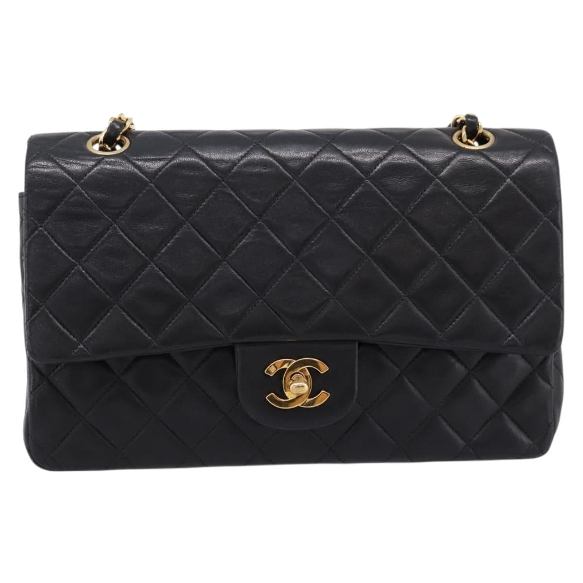 CHANEL Matelasse 25 Chain Shoulder Bag Lamb Skin Black Gold CC Auth 197319SAM