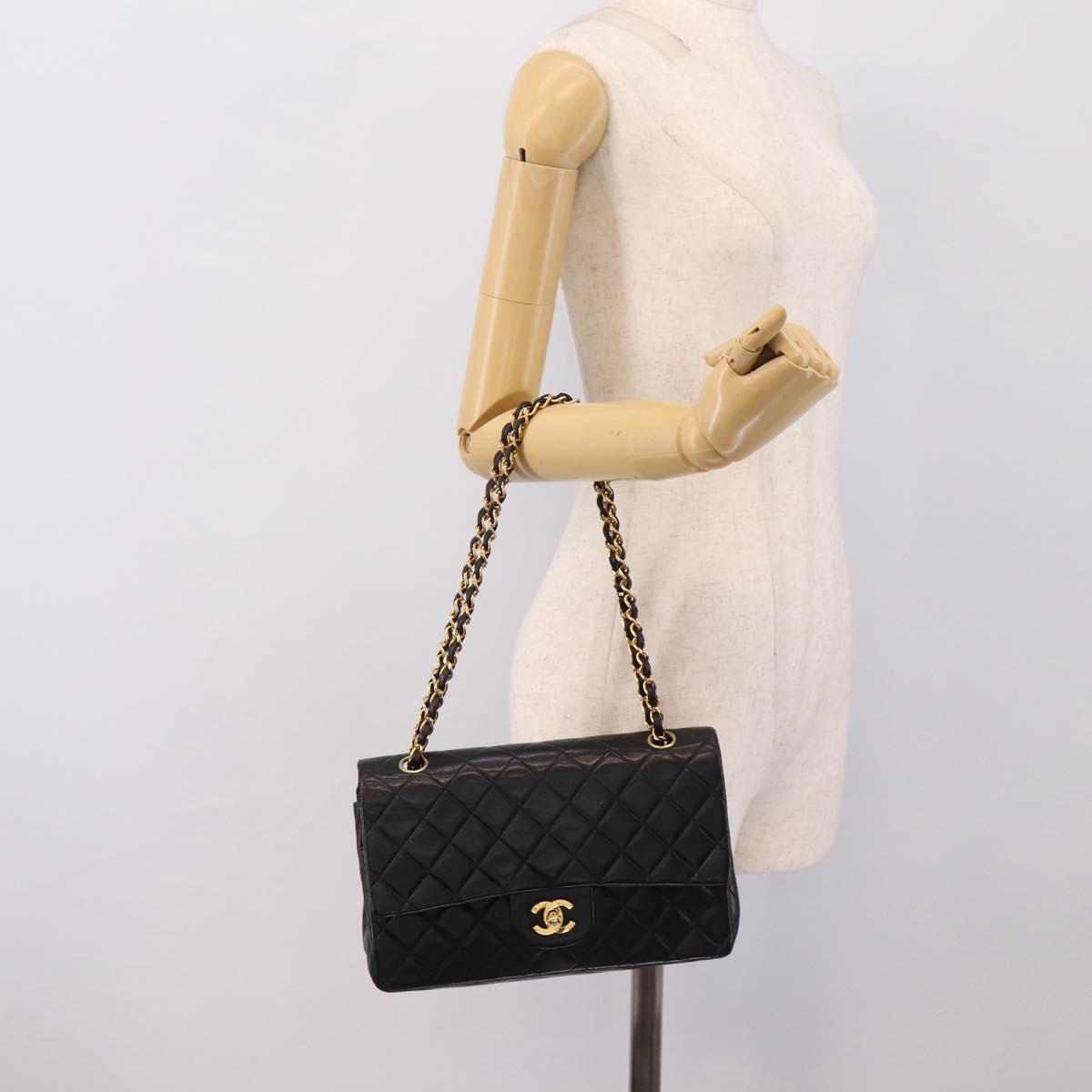 CHANEL Matelasse 25 Chain Shoulder Bag Lamb Skin Black Gold CC Auth 197319SAM