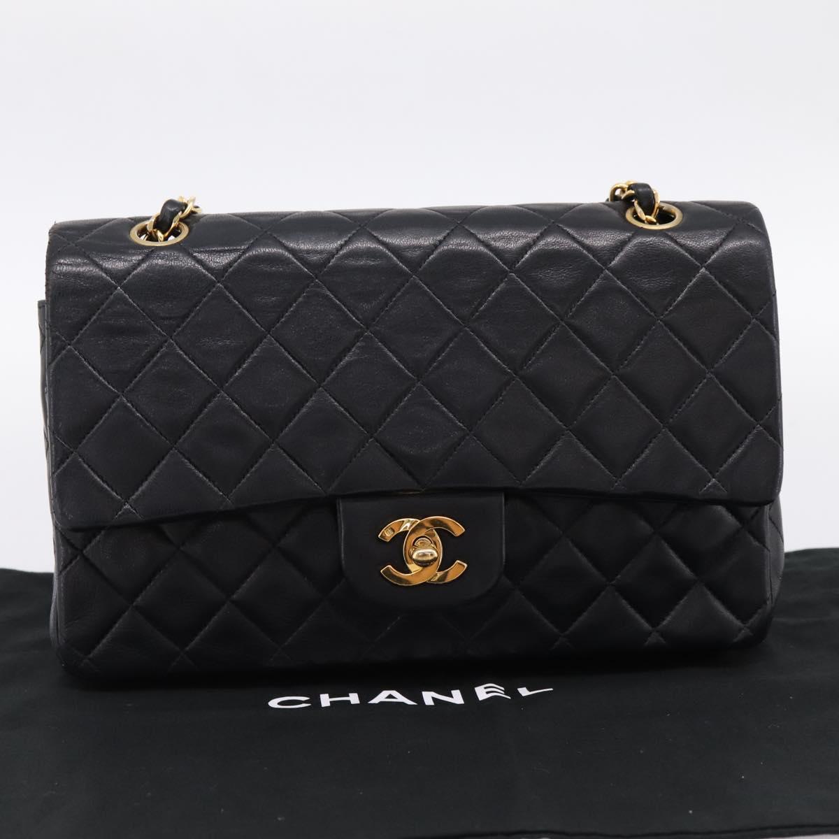 CHANEL Matelasse 25 Chain Shoulder Bag Lamb Skin Black Gold CC Auth 197319SAM
