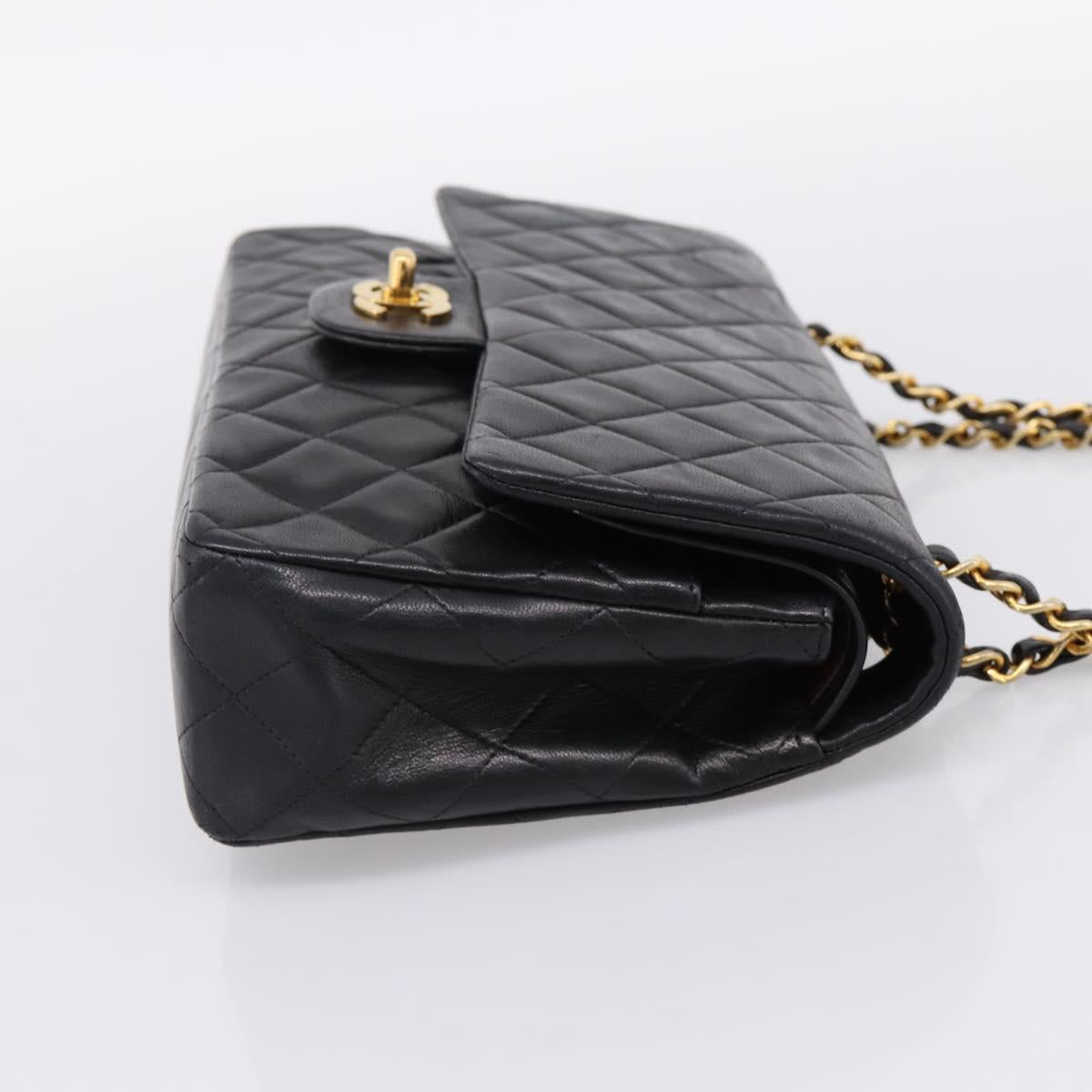 CHANEL Matelasse 25 Chain Shoulder Bag Lamb Skin Black Gold CC Auth 197319SAM