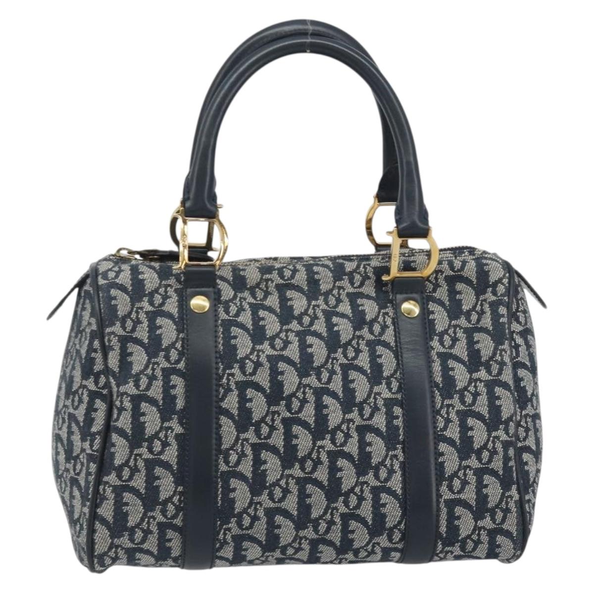 Christian Dior Trotter Canvas Boston Bag Navy Gold Auth 197320V