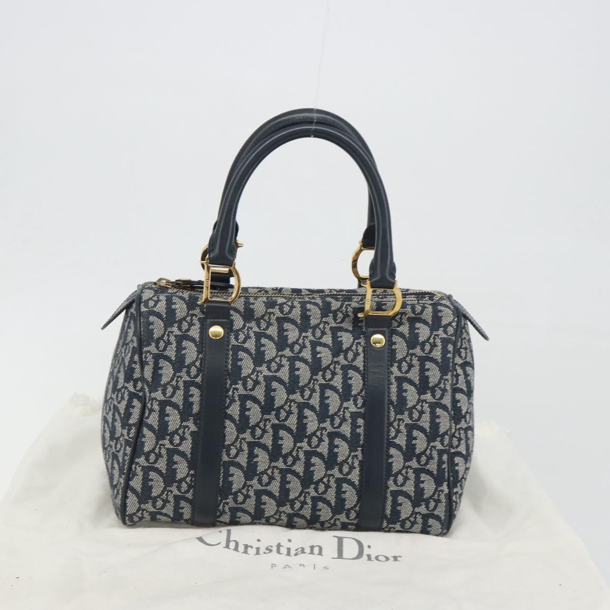 Christian Dior Trotter Canvas Boston Bag Navy Gold Auth 197320V