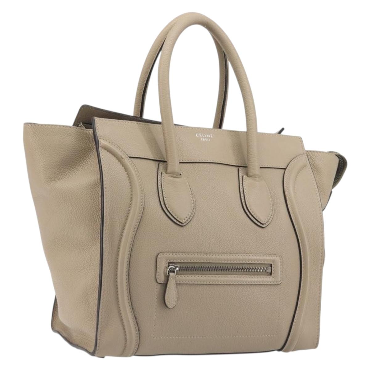 CELINE Luggage Medium Hand Bag Leather Beige Silver Auth 197325A