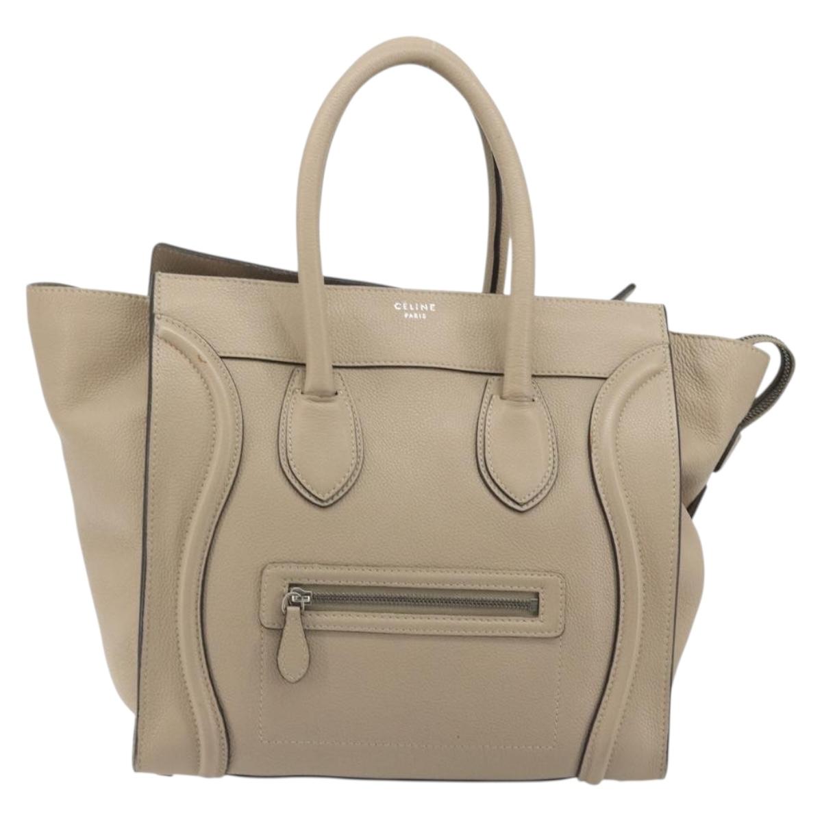 CELINE Luggage Medium Hand Bag Leather Beige Silver Auth 197325A