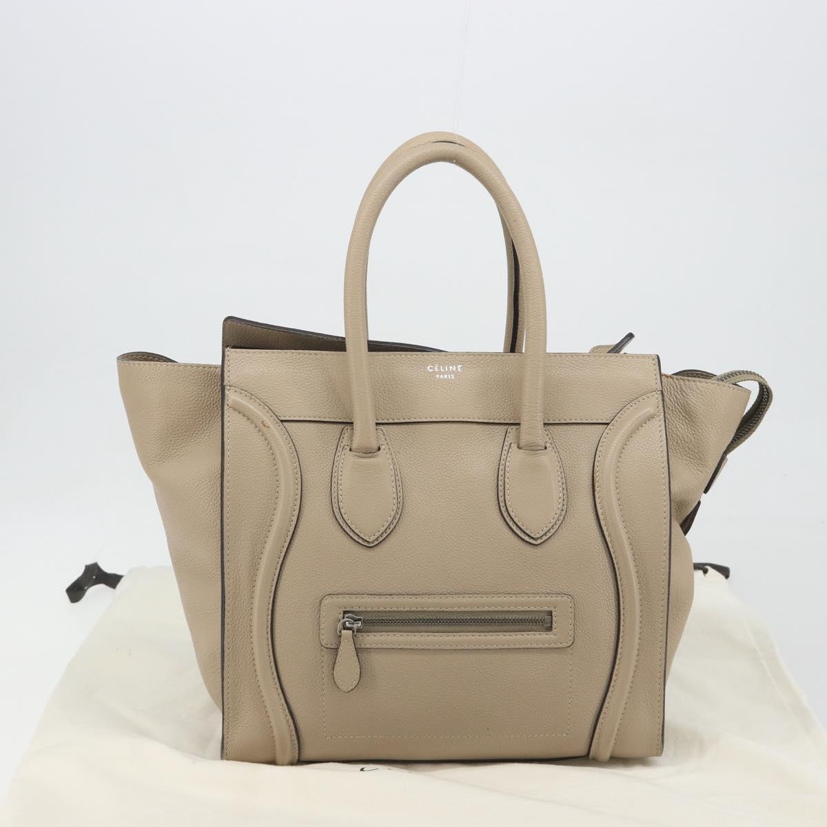 CELINE Luggage Medium Hand Bag Leather Beige Silver Auth 197325A