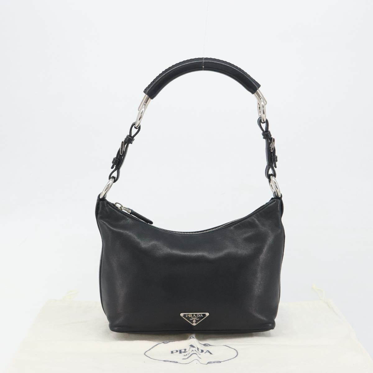 PRADA Hand Bag Leather Black Silver Auth 197326V