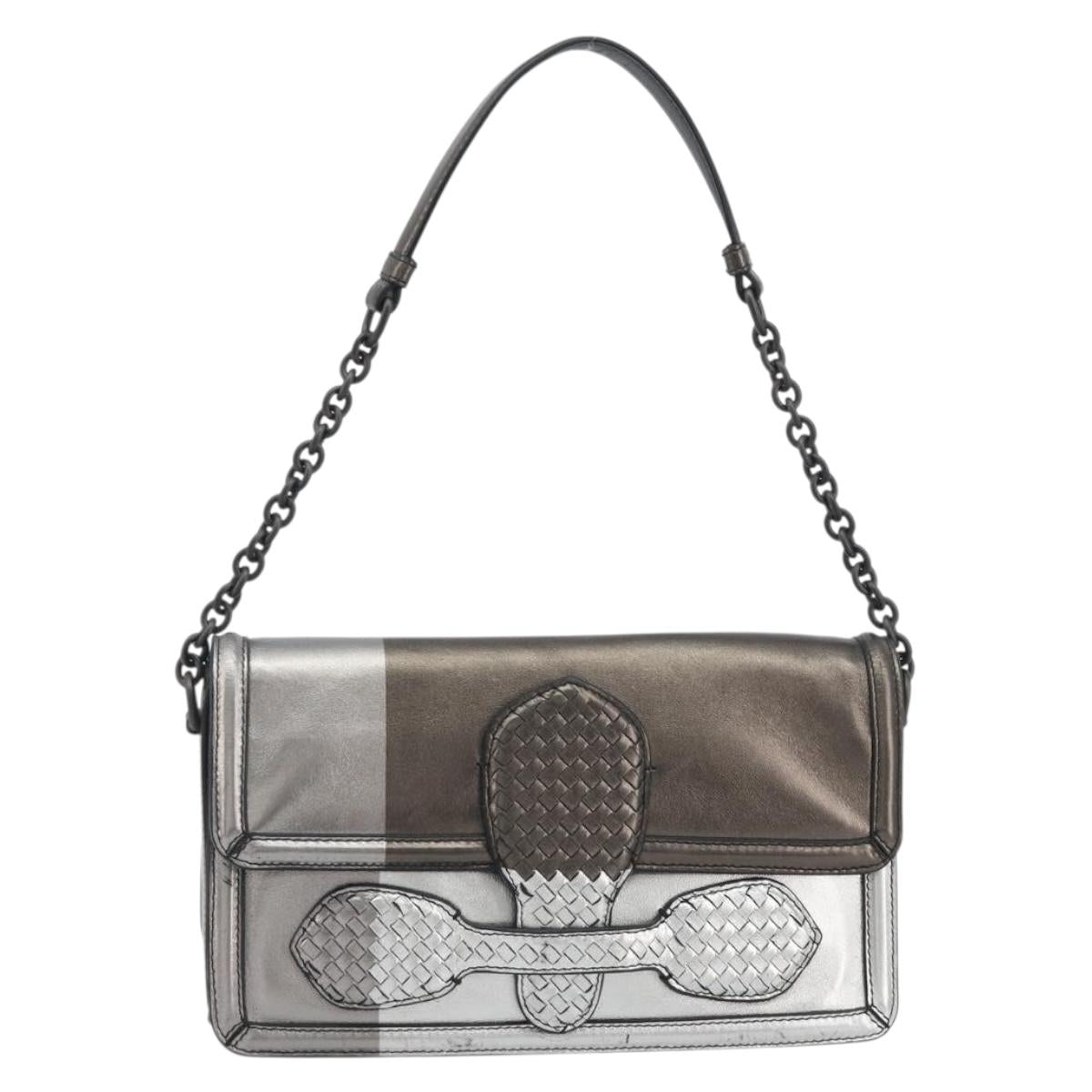 BOTTEGA VENETA Rialto Chain Shoulder Bag Leather Silver Auth 197328V