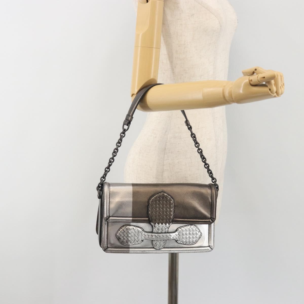 BOTTEGA VENETA Rialto Chain Shoulder Bag Leather Silver Auth 197328V