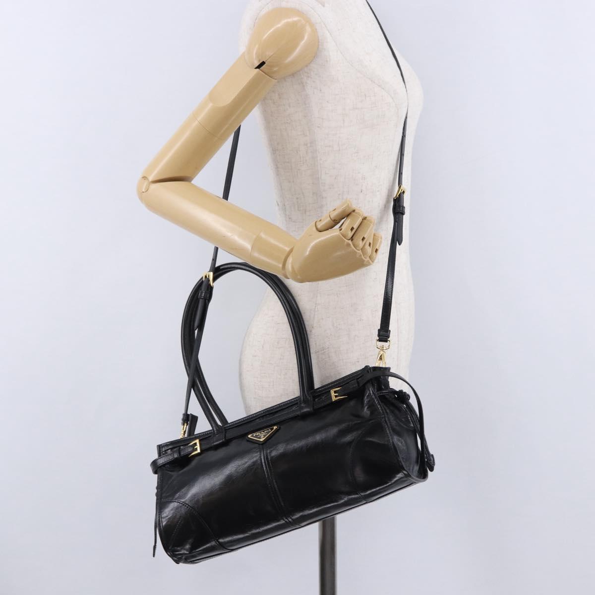 PRADA Bonnie Hand Bag Leather 2way Black Gold Auth 197332SAM