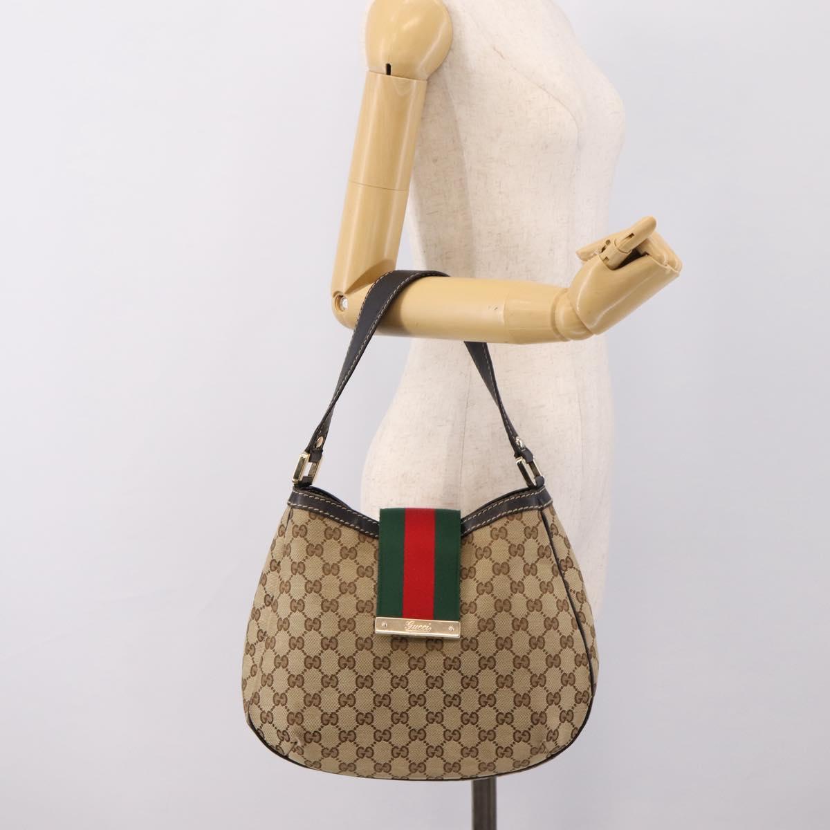 GUCCI GG Canvas Web Sherry Line Shoulder Bag Beige Gold 233608 Auth 197333V