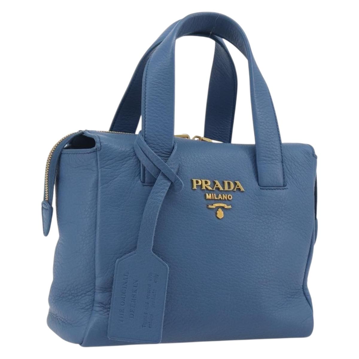 PRADA Hand Bag Leather Blue Gold Auth 197335V