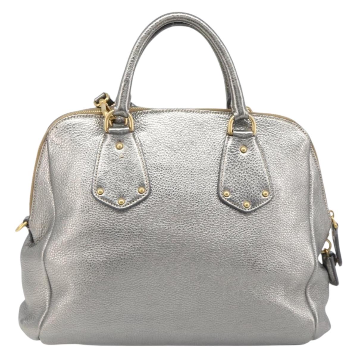 PRADA Hand Bag Vittero Dino Leather 2way Silver Gold Auth 197342V