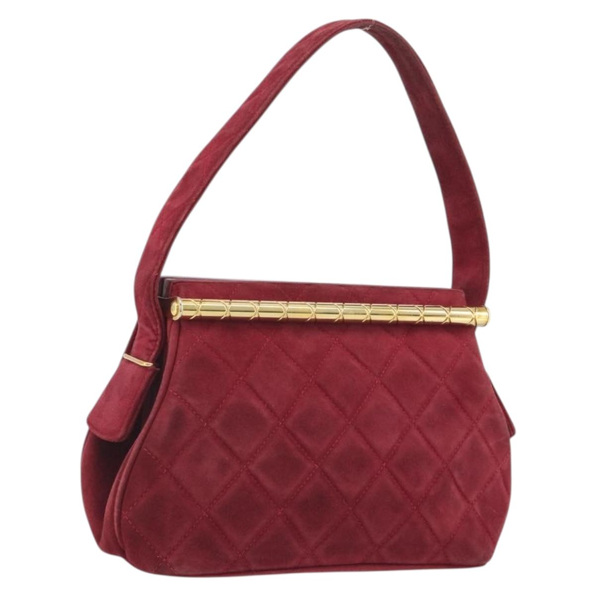 CHANEL Matelasse Hand Bag Suede Red Gold CC Auth 197450A