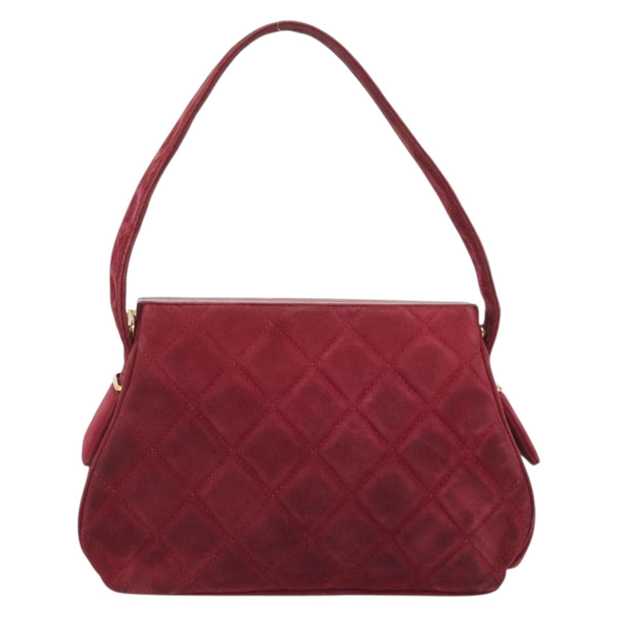 CHANEL Matelasse Hand Bag Suede Red Gold CC Auth 197450A