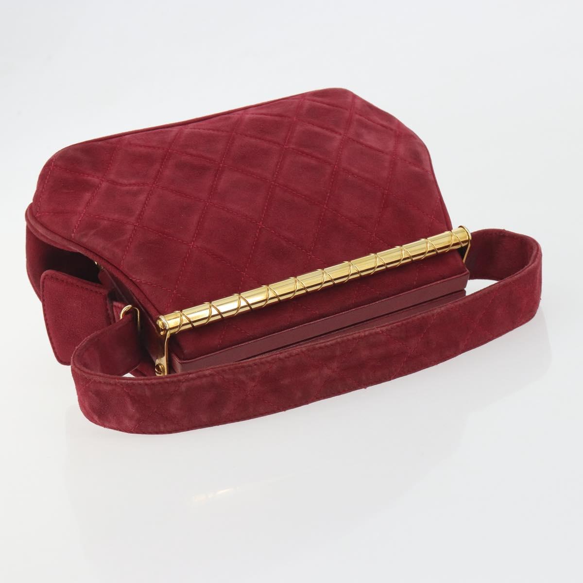 CHANEL Matelasse Hand Bag Suede Red Gold CC Auth 197450A