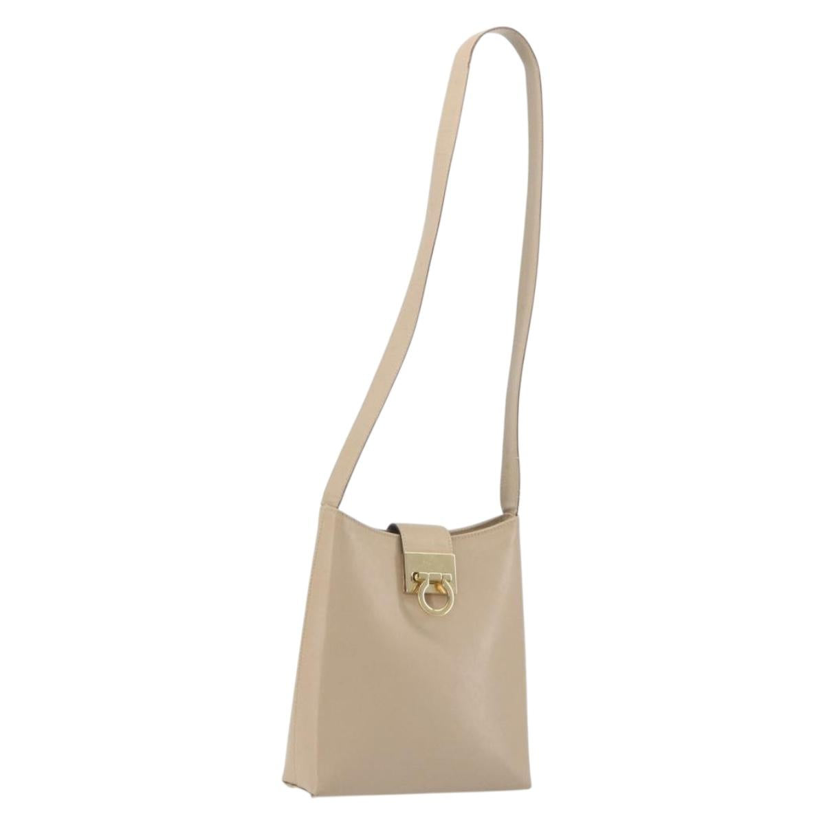 Salvatore Ferragamo Gancini Shoulder Bag Leather Beige Gold Auth 197467