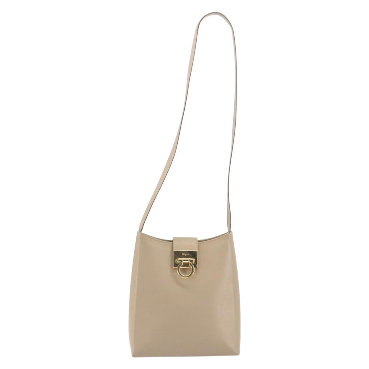 Salvatore Ferragamo Gancini Shoulder Bag Leather Beige Gold Auth 197467