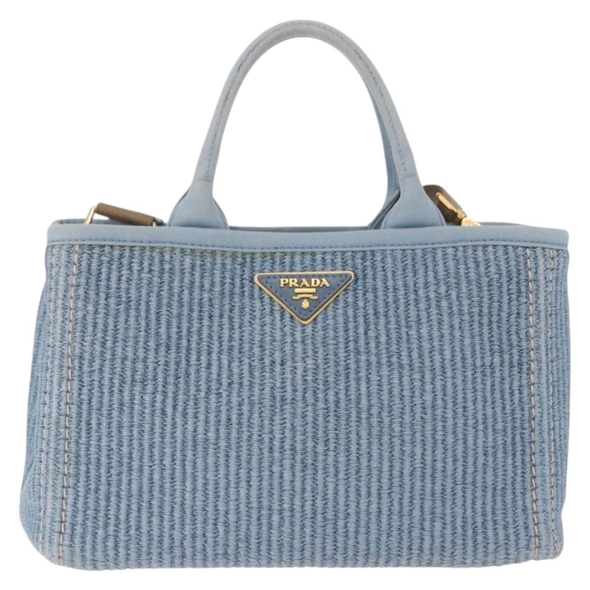 PRADA Hand Bag Straw 2way Light Blue Gold Auth 197472A