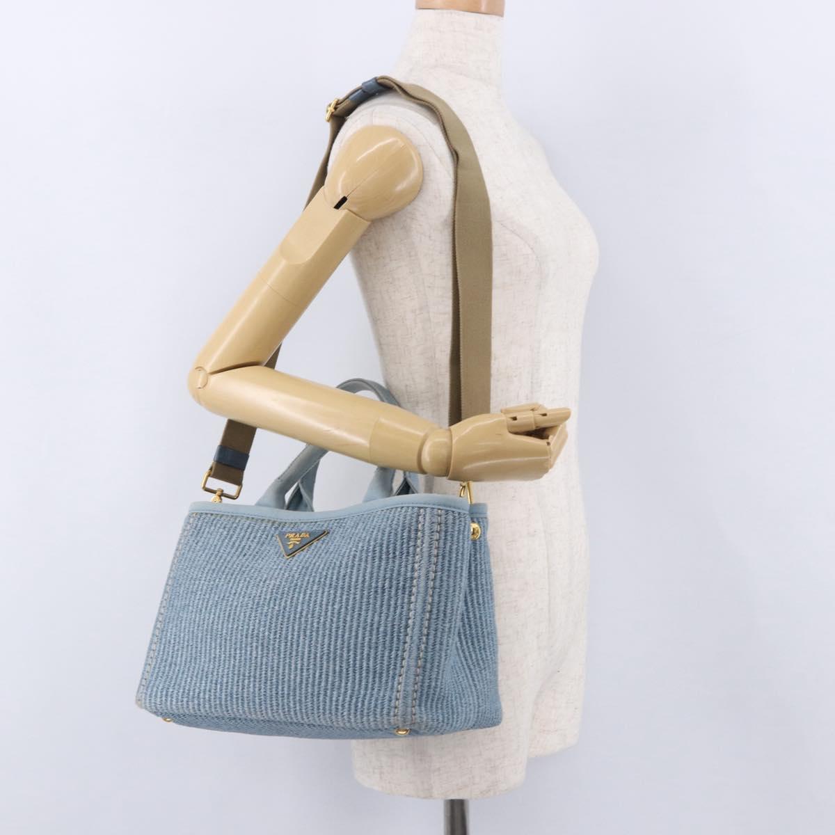 PRADA Hand Bag Straw 2way Light Blue Gold Auth 197472A