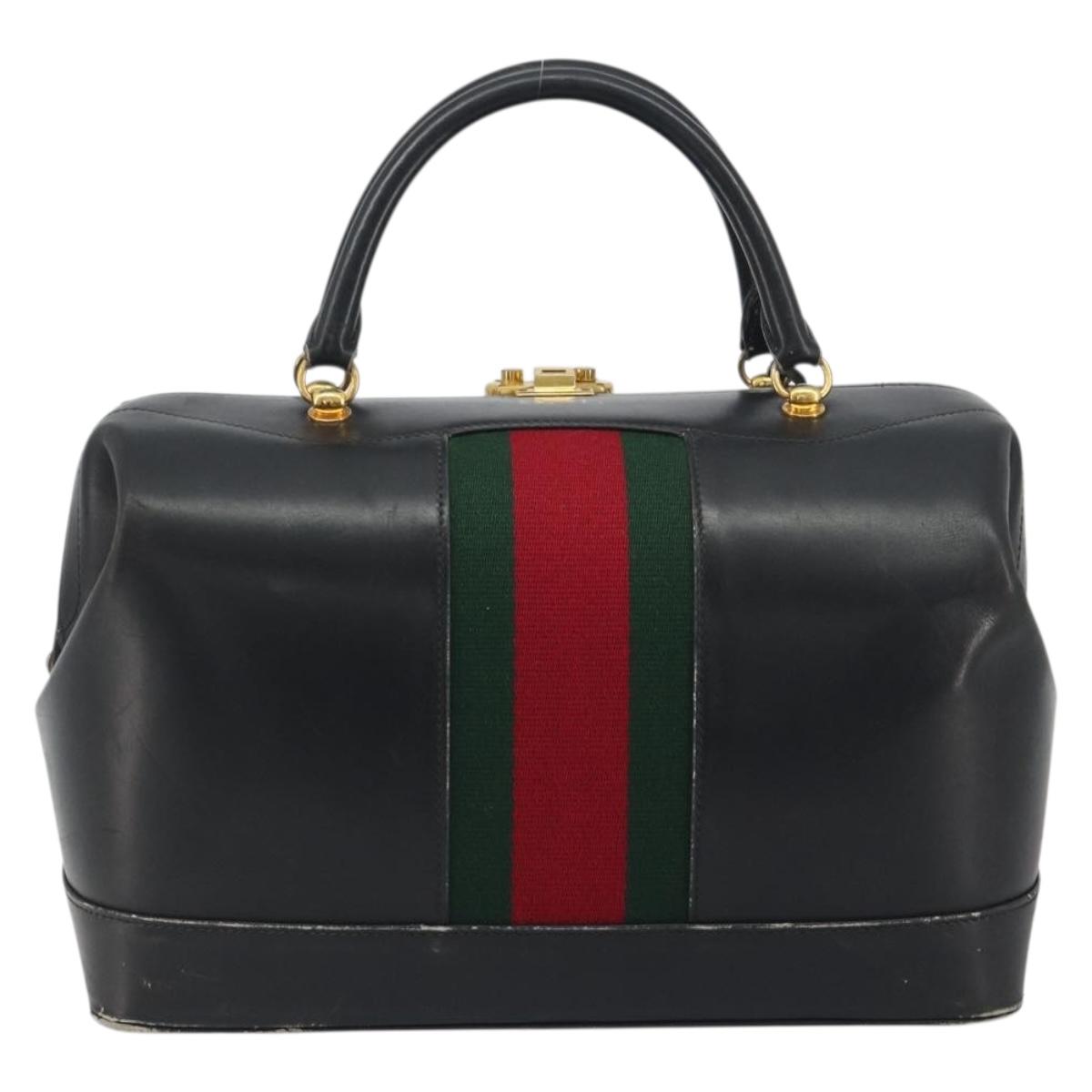 GUCCI Web Sherry Line Boston Bag Leather Black Gold Auth 197480