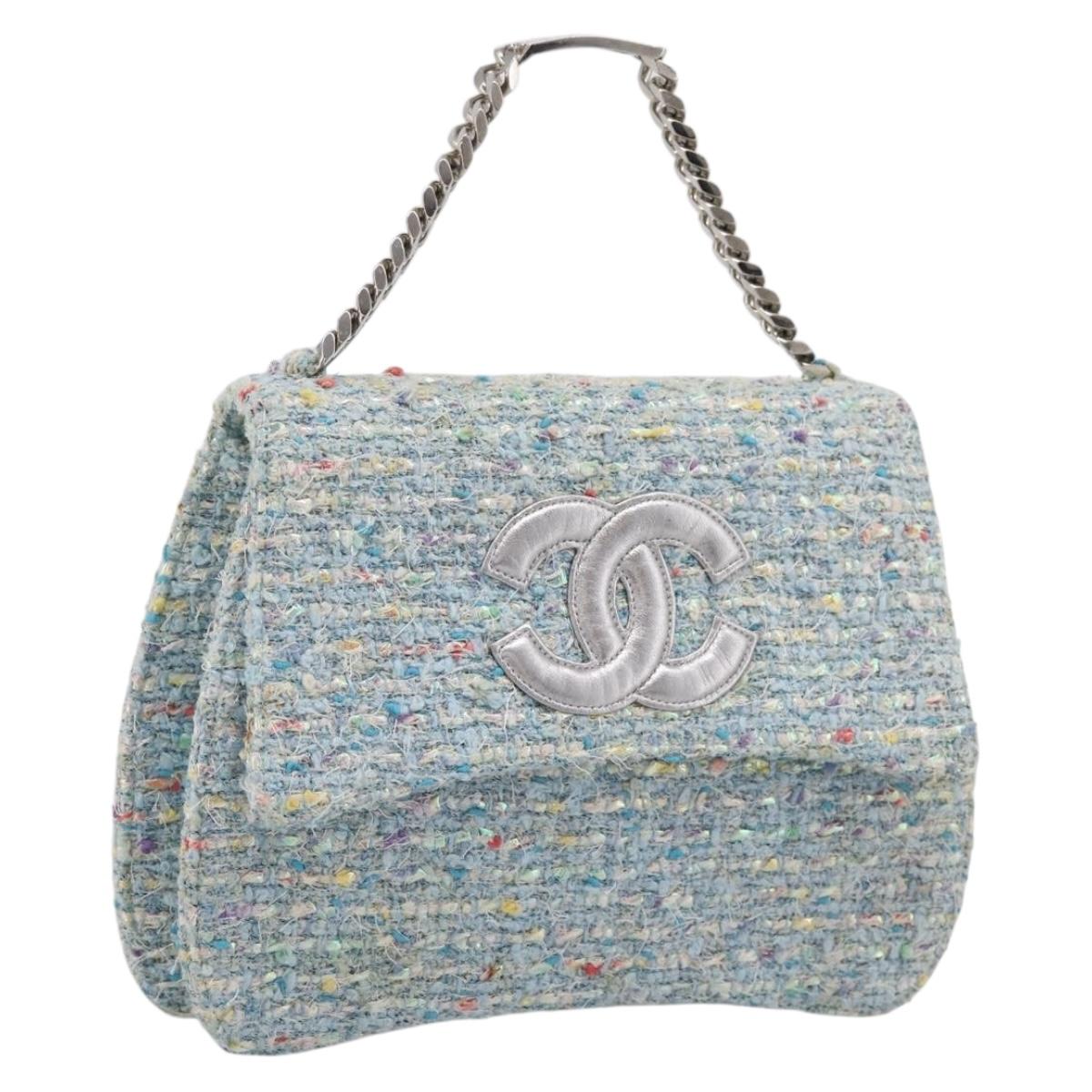 CHANEL COCO Mark Chain Hand Bag Tweed Light Blue Silver CC Auth 197488SAM