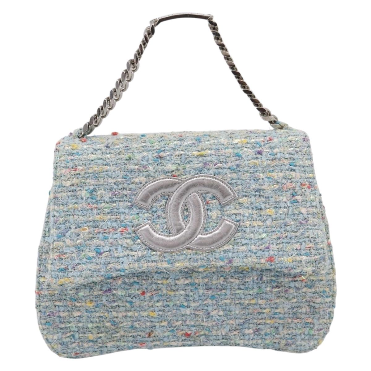 CHANEL COCO Mark Chain Hand Bag Tweed Light Blue Silver CC Auth 197488SAM