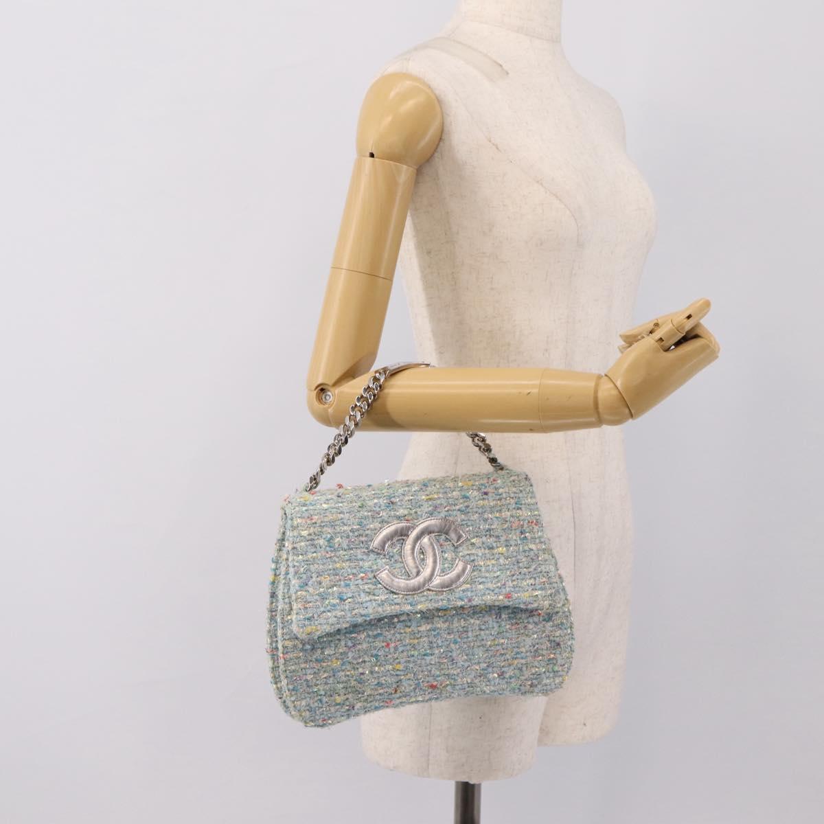 CHANEL COCO Mark Chain Hand Bag Tweed Light Blue Silver CC Auth 197488SAM