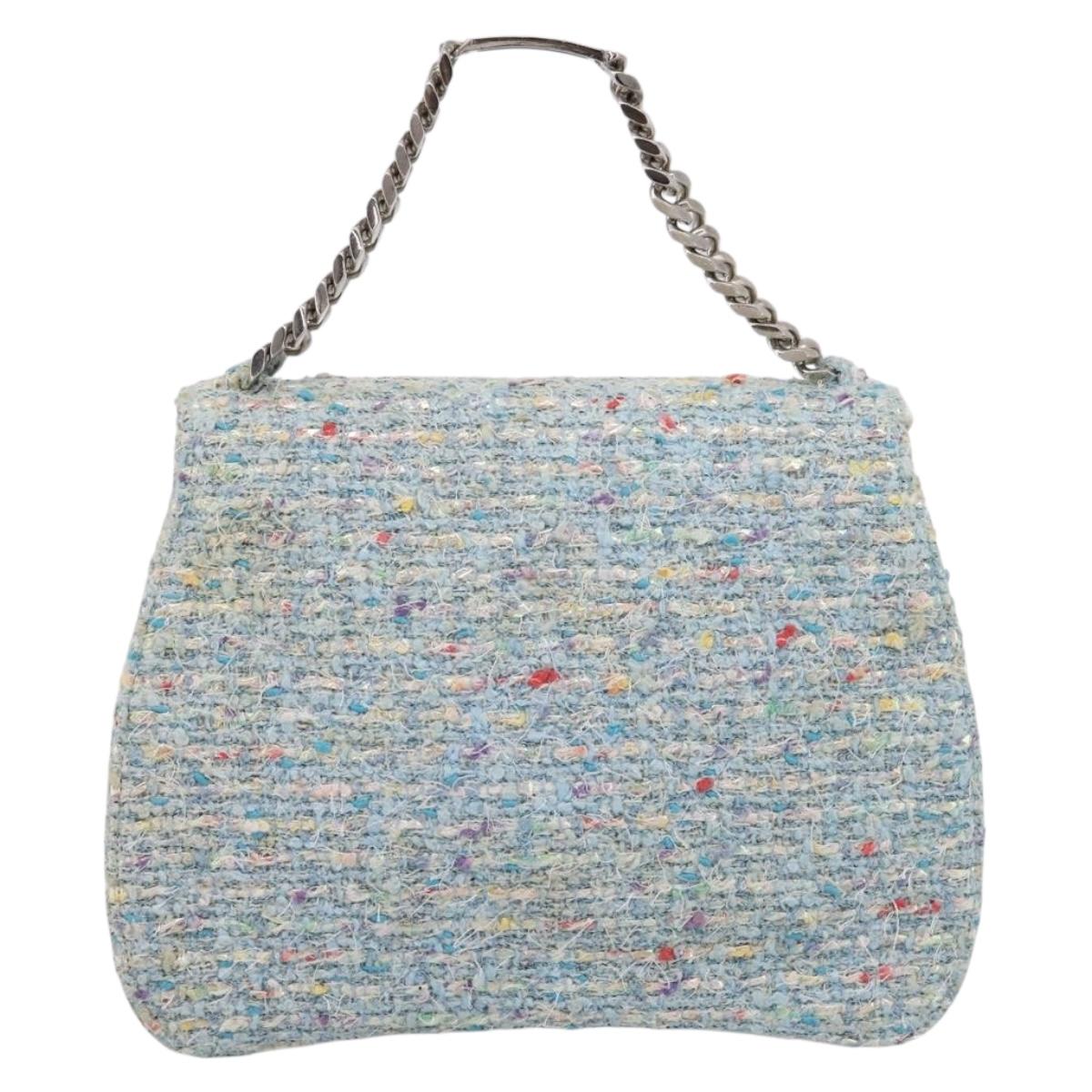 CHANEL COCO Mark Chain Hand Bag Tweed Light Blue Silver CC Auth 197488SAM