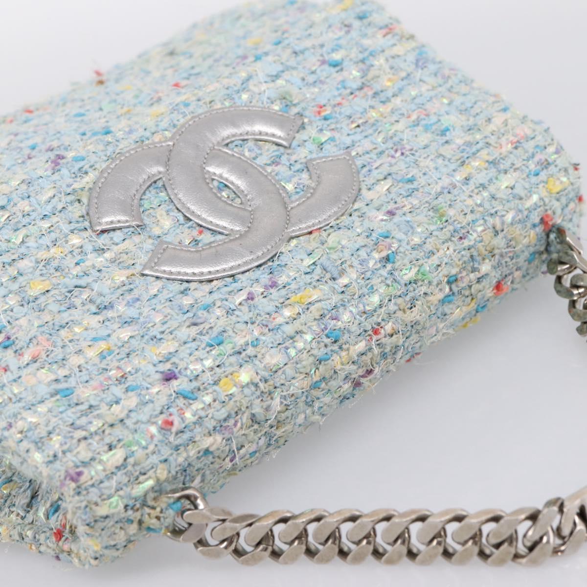 CHANEL COCO Mark Chain Hand Bag Tweed Light Blue Silver CC Auth 197488SAM